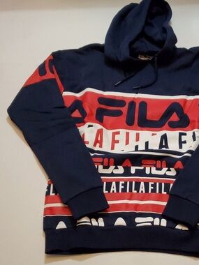 Fila Navy and Red Logo Stripe Pullover Hoodie